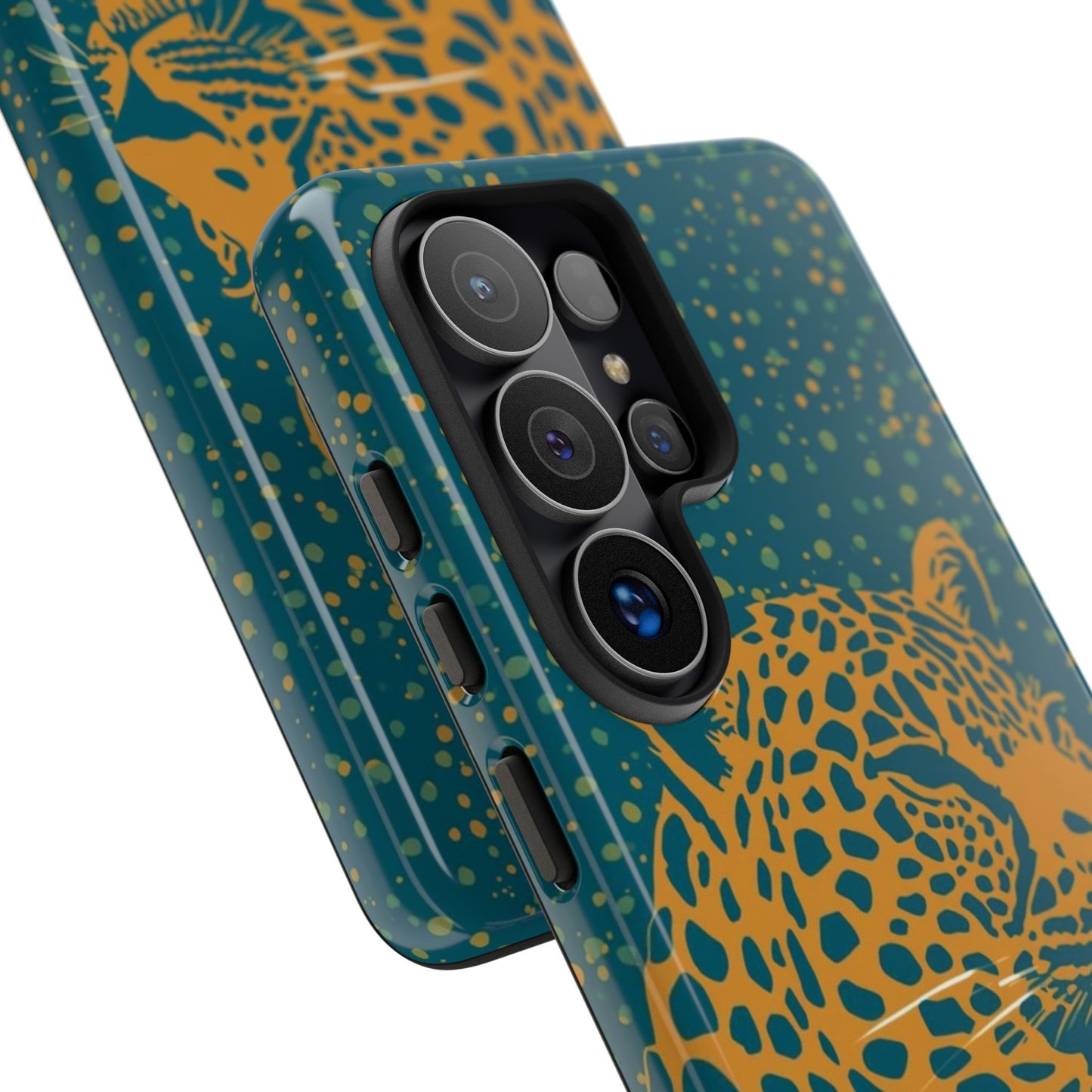 Leopard Print Tough Phone Case — Gold Panther on Teal, Protective iPhone Cover