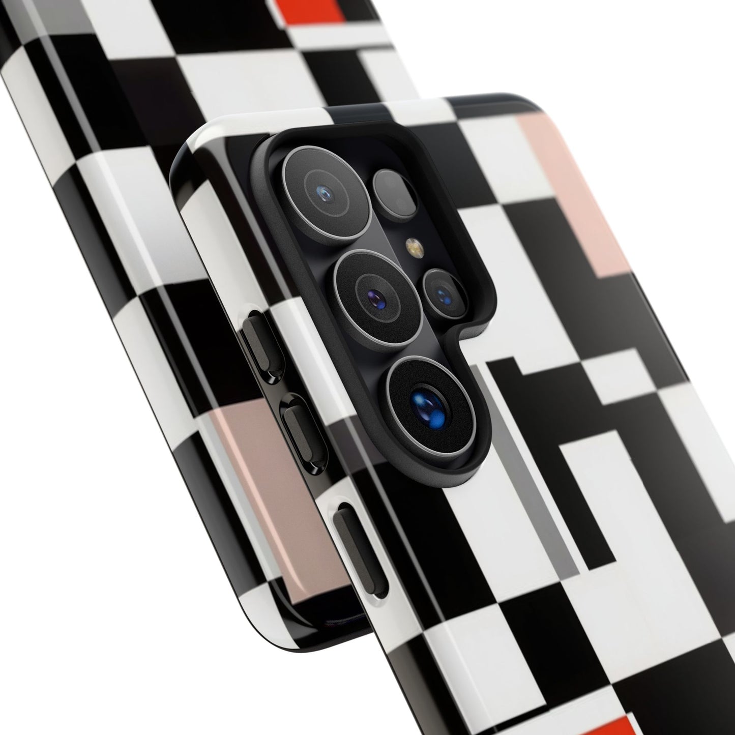 Abstract Geometric Phone Case – Black & White Checker Grid with Red Accent