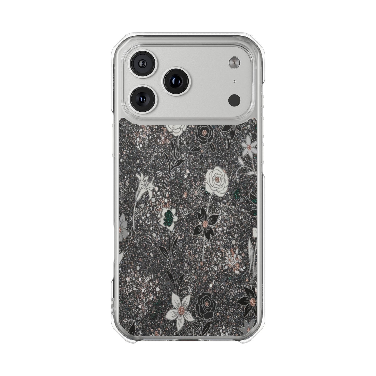 Clear Floral Glitter Magnetic Phone Case — Protective Impact Case with Rose & Daisy Design