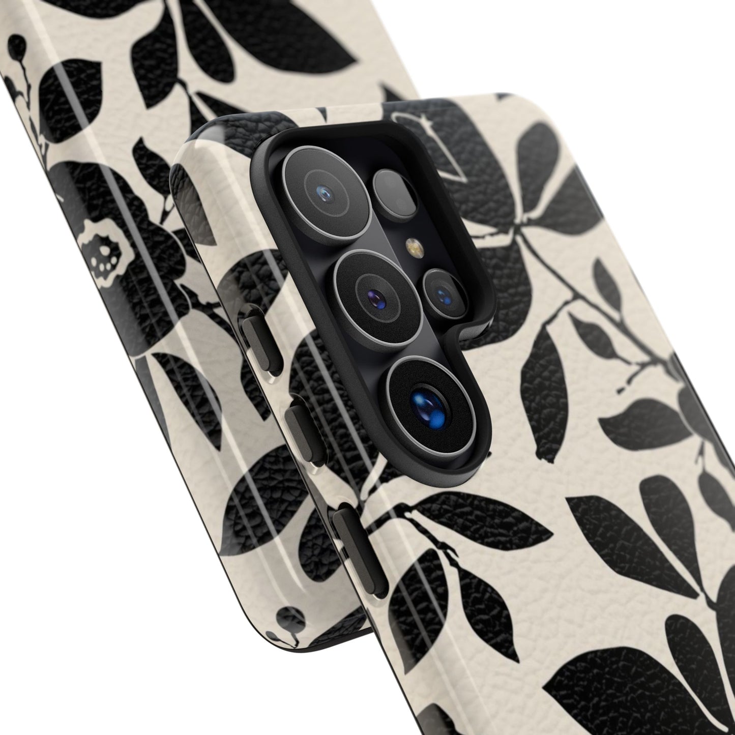 Black Floral Pattern Phone Case — Monochrome Botanical Tough Case