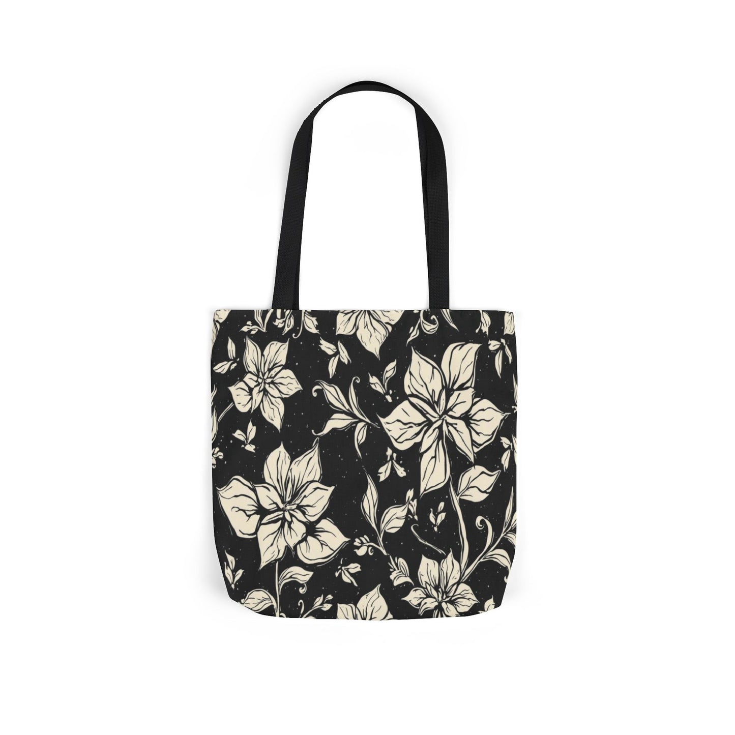 Vintage Floral Canvas Tote Bag – Black & Cream Flower Pattern with Contrast Straps