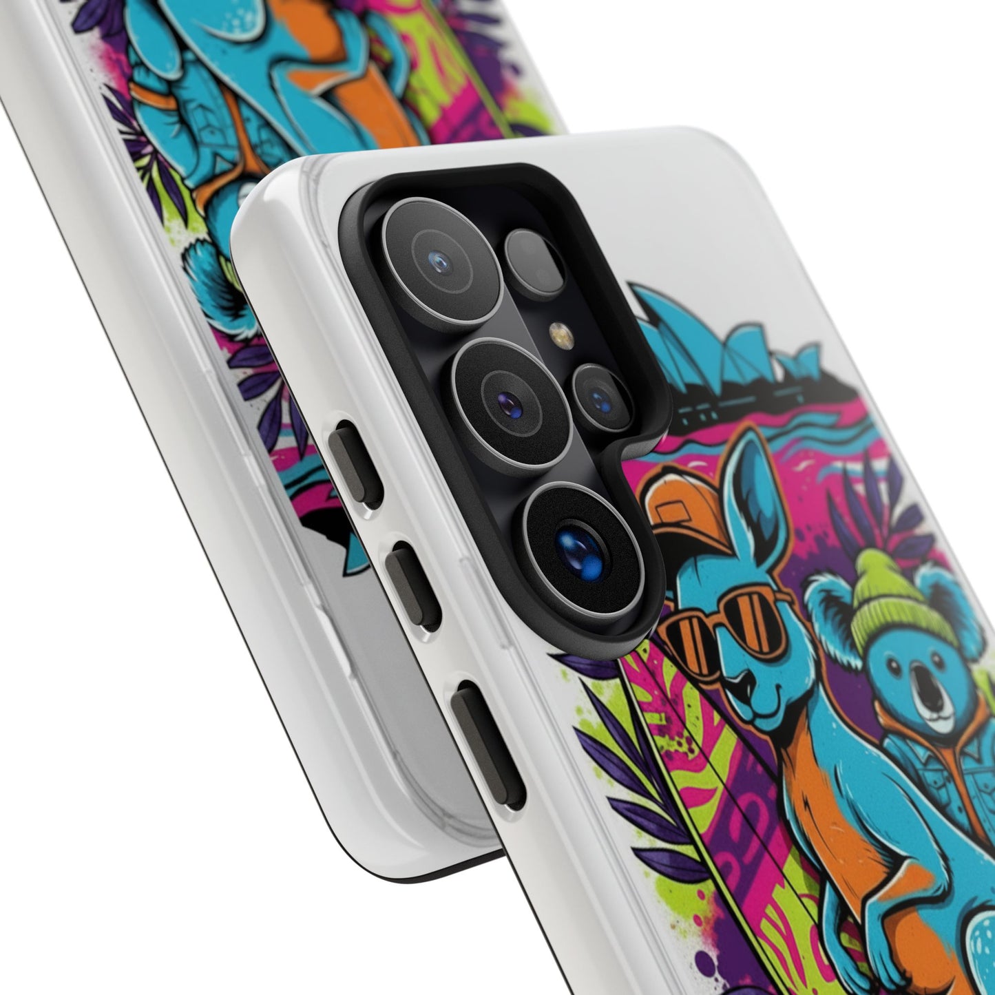 Kangaroo & Koala Surf Phone Case — Retro Neon Beach Art Tough Case