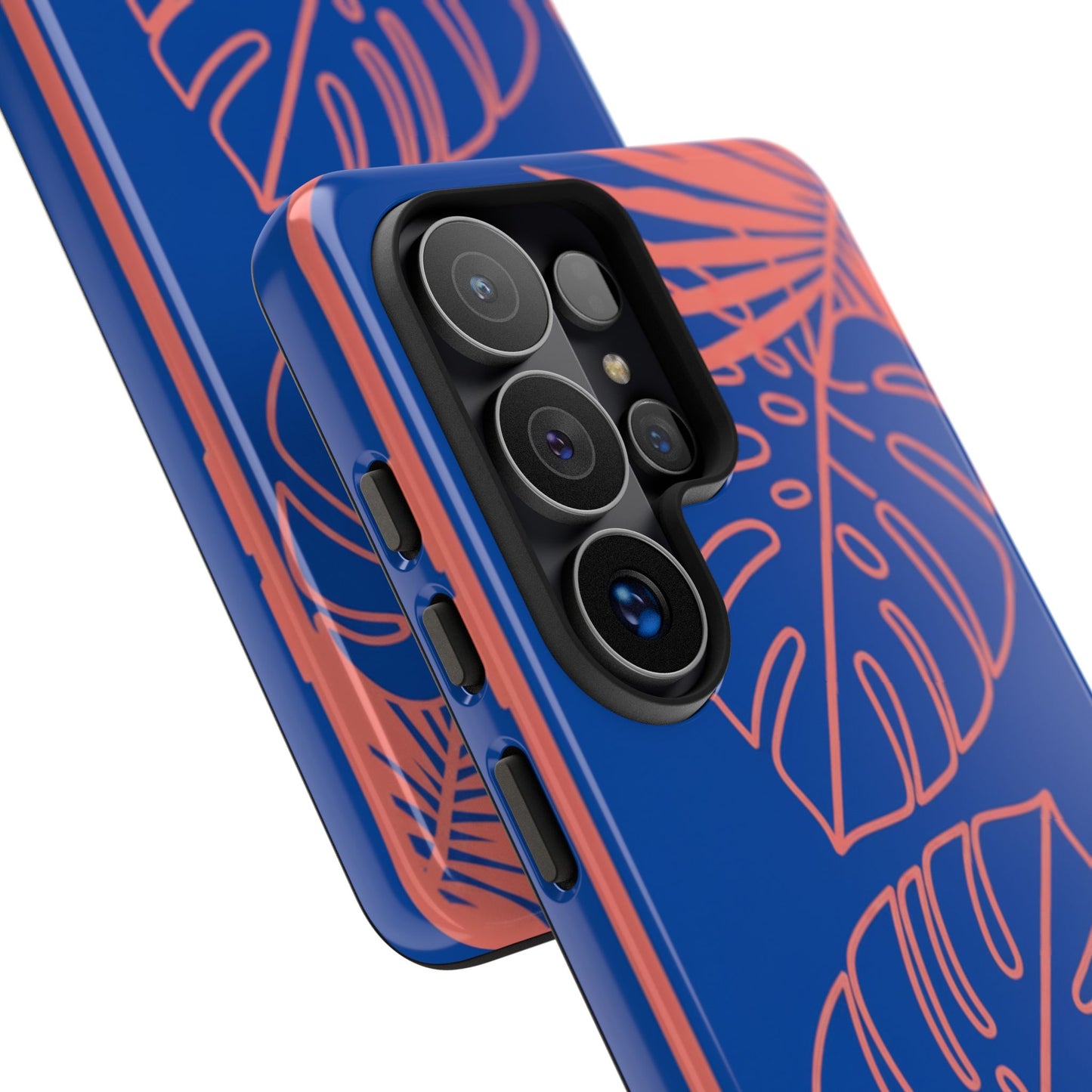 Tropical Monstera Phone Case — Blue & Coral Leaf Protective Cover