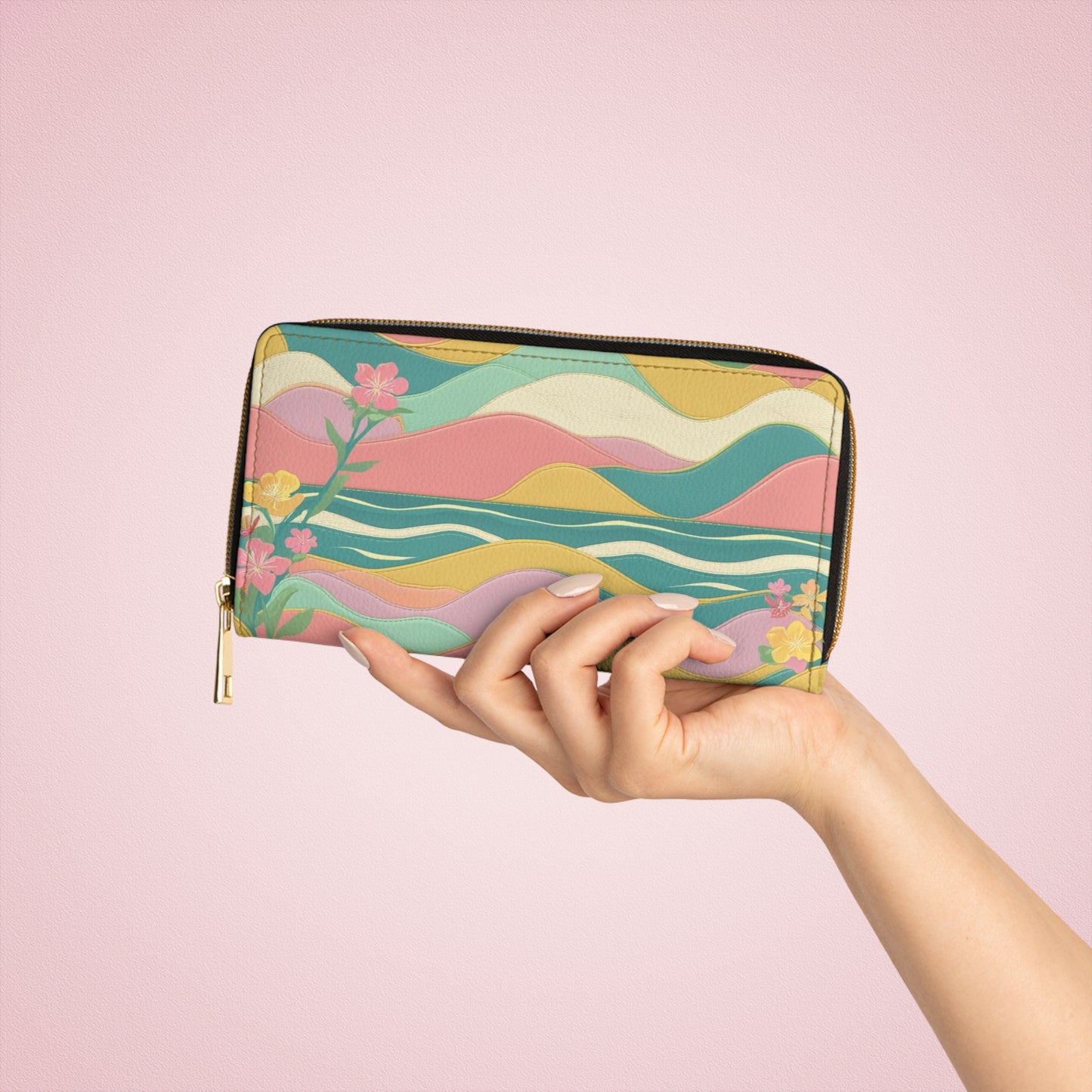 Zipper Wallet — Pastel Wave Floral Zip Wallet, Retro Sunrise Pattern