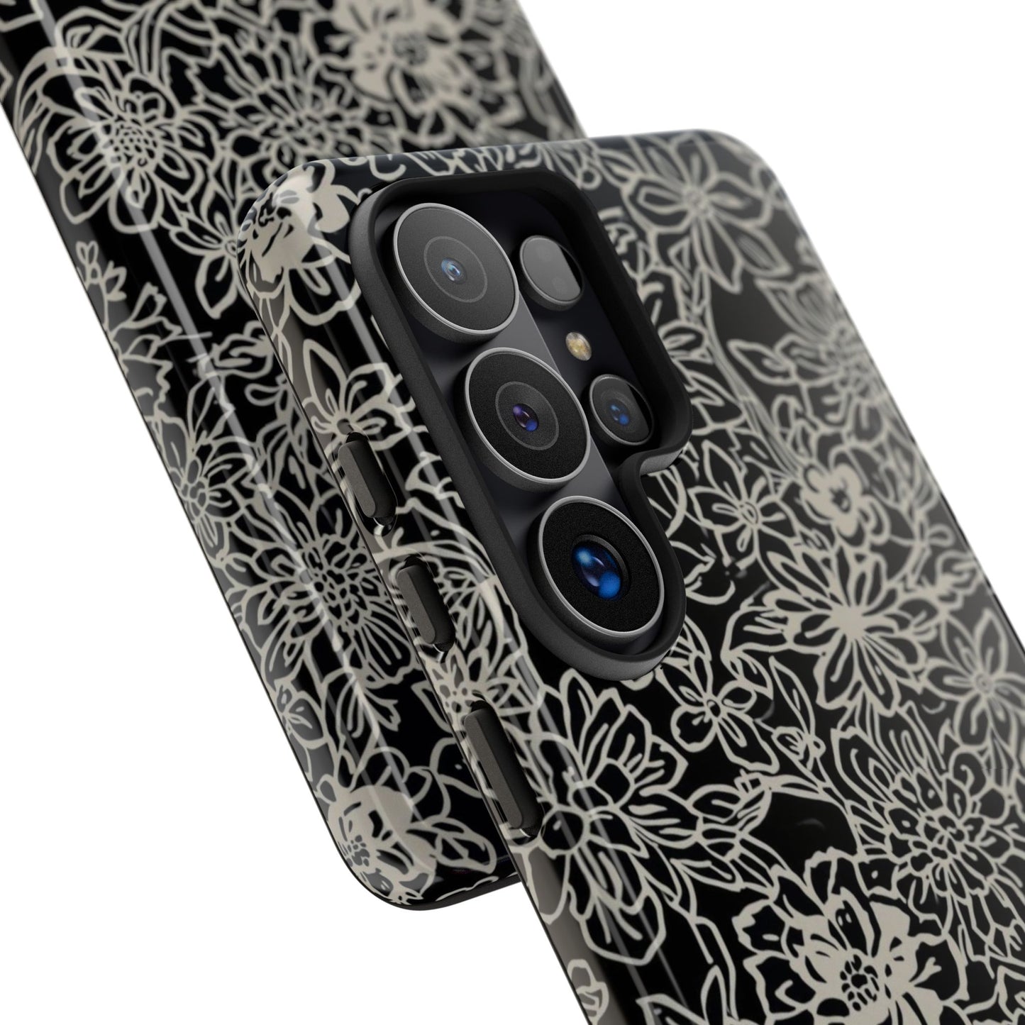 Floral Doodle Tough Phone Case — Black & White Sketch Flower Protective Cover