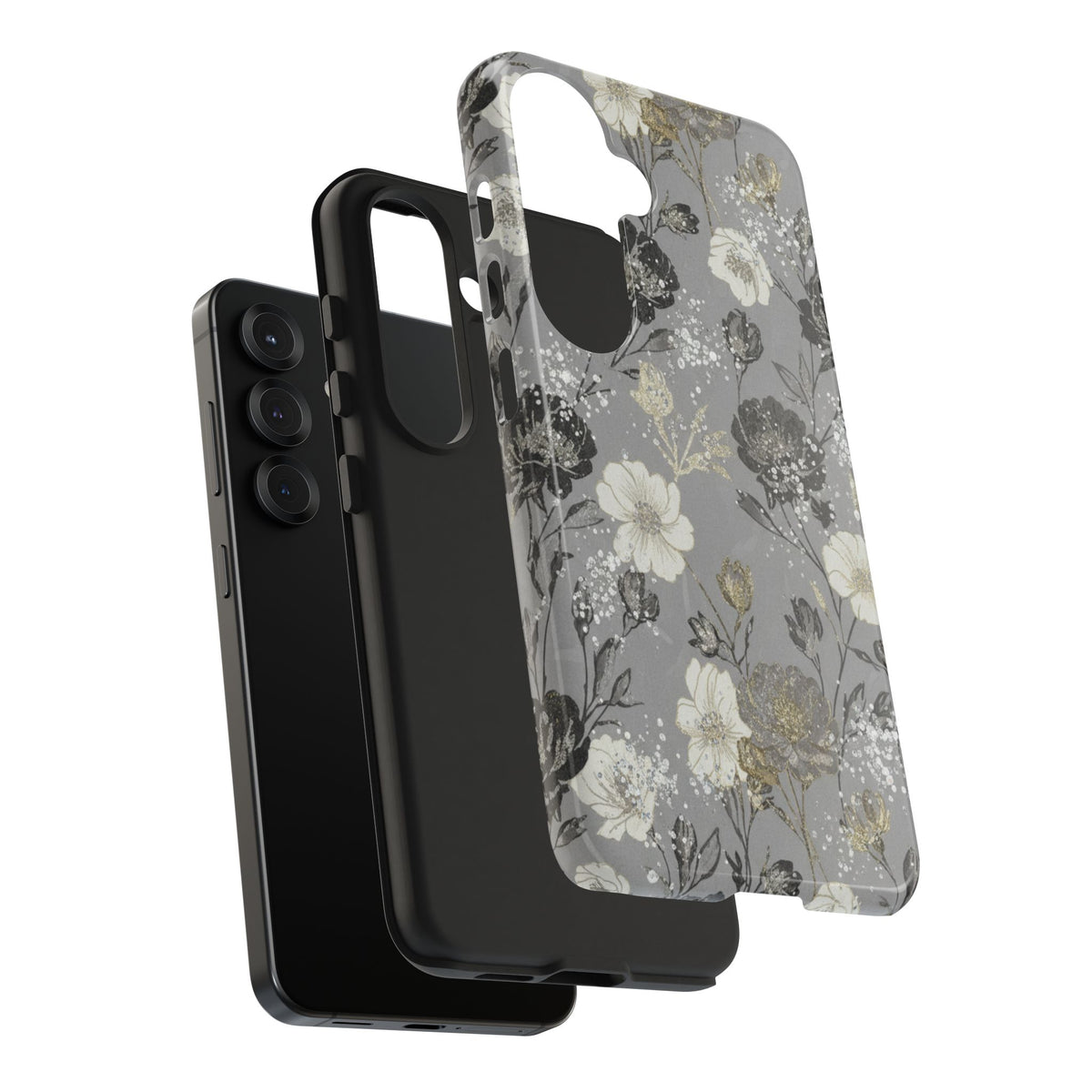 Floral Gray Tough Phone Case — Elegant Protective Phone Cover with Gold Accent