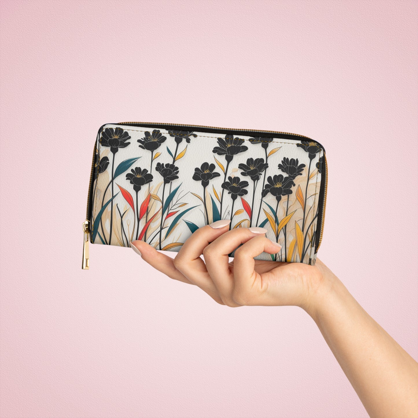 Women's Black Floral - Zippered Summer Wallet