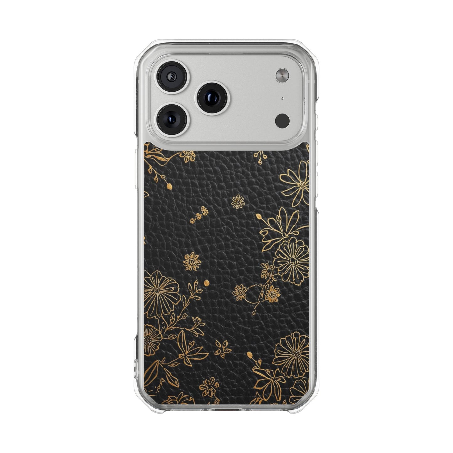 Clear Impact Phone Case — Black Leather Texture with Gold Floral Foil