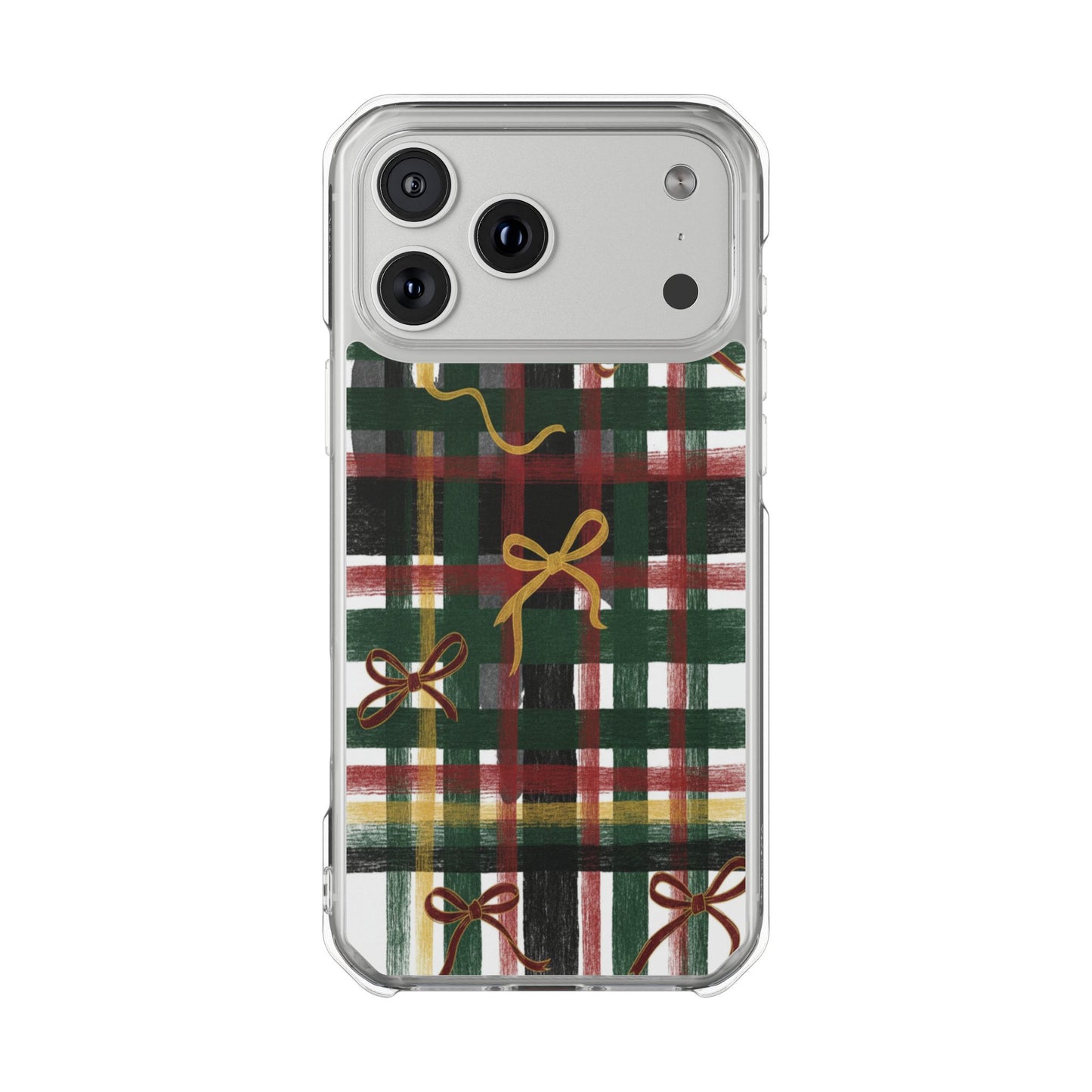 Phone Case - Festive Plaid with Gold Bows Clear Magnetic Impact Case