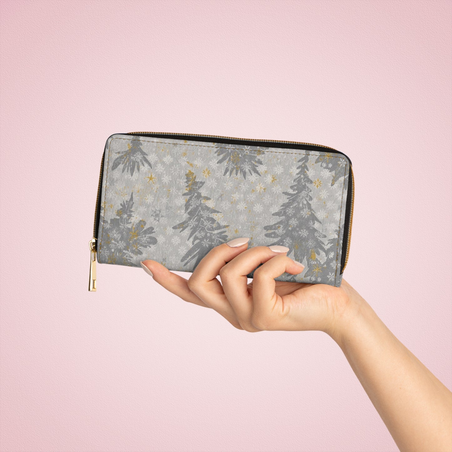 Zipper Wallet — Silver Pine Holiday Zip Wallet with Gold Star Accents