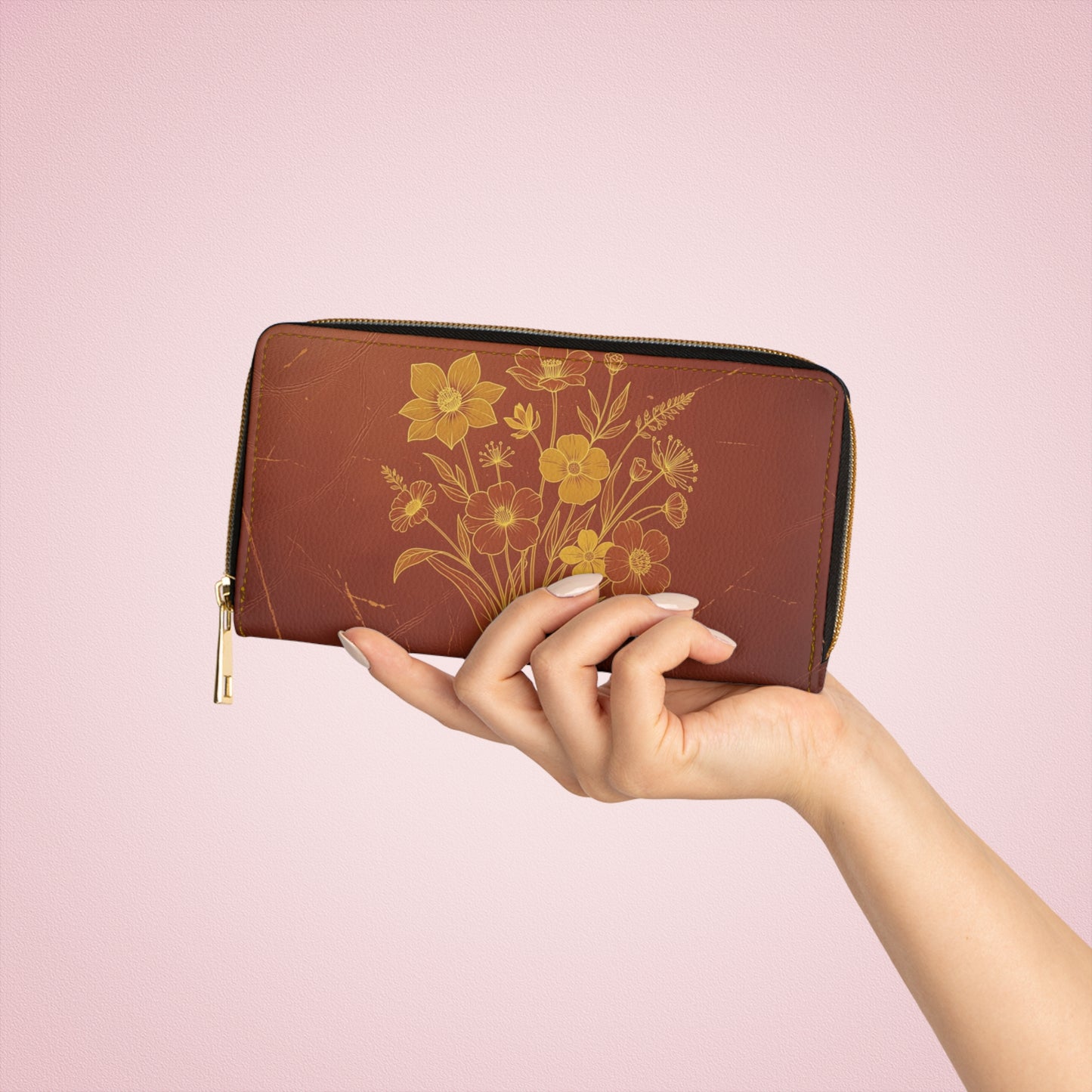 Floral Bouquet Zipper Wallet — Vintage Brown Leather Card & Coin Organizer