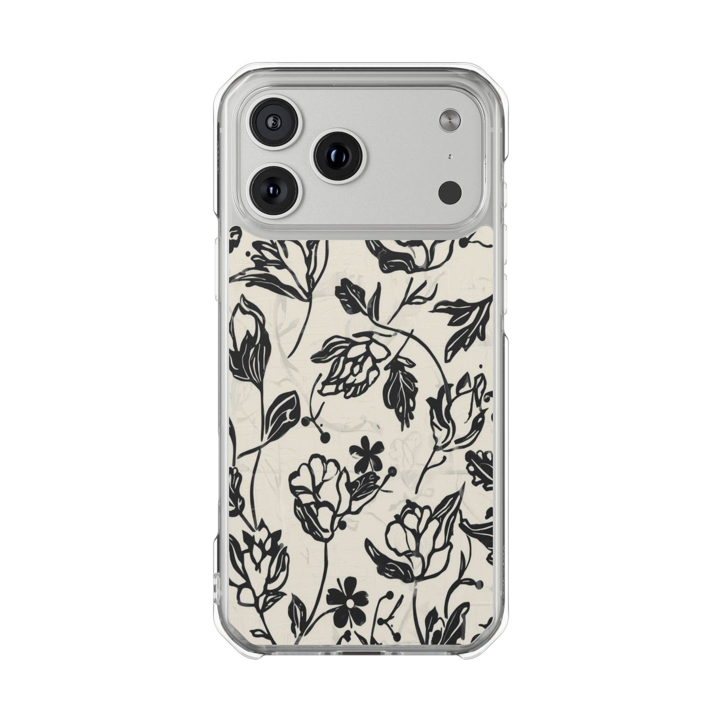 Floral Clear Magnetic Phone Case — Black Sketch Roses