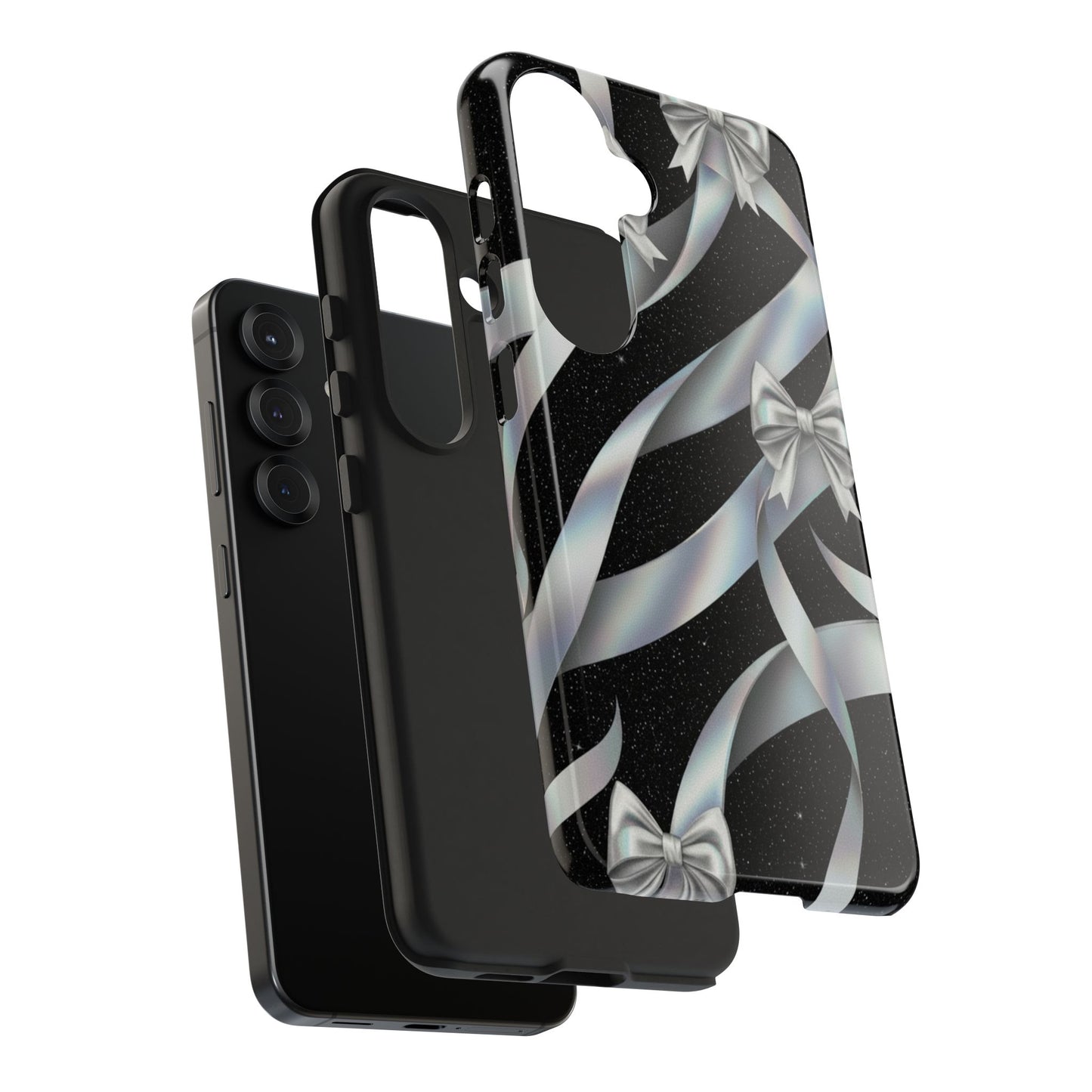 Silver Ribbon Bow Tough Phone Case — Glitter Black Protective Phone Case