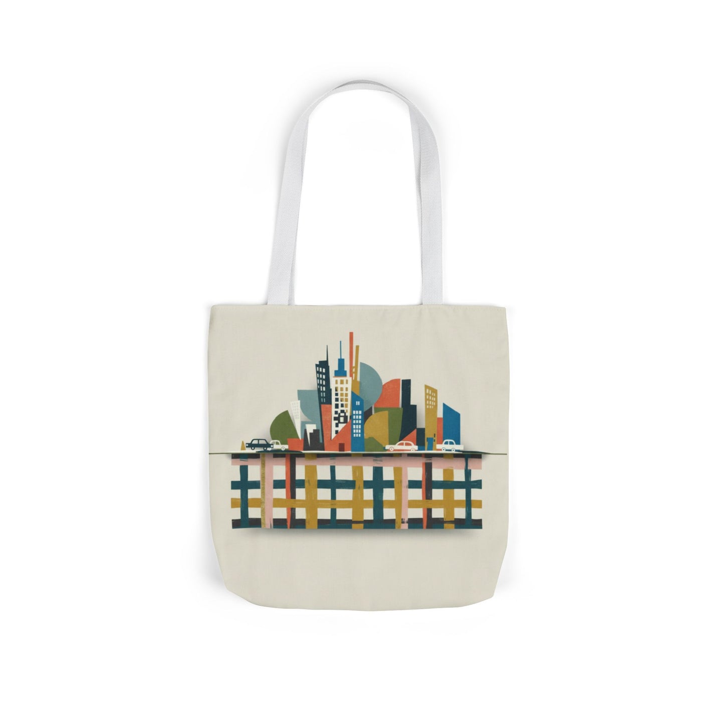 City Skyline Canvas Tote Bag — Colorful Urban Illustration with 5-Color Straps