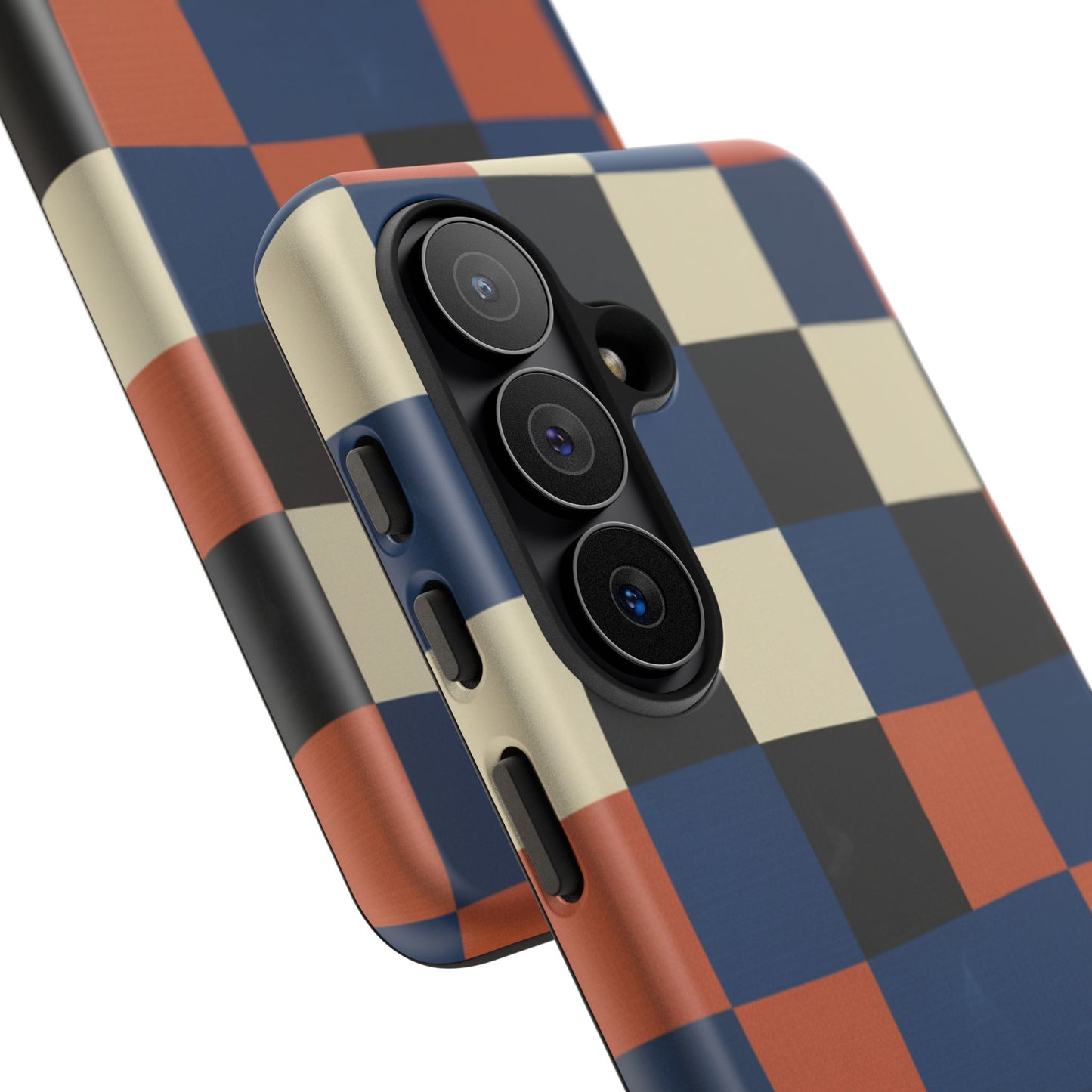 Retro Checker Phone Case — Blue, Orange & Cream Geometric Tough Case
