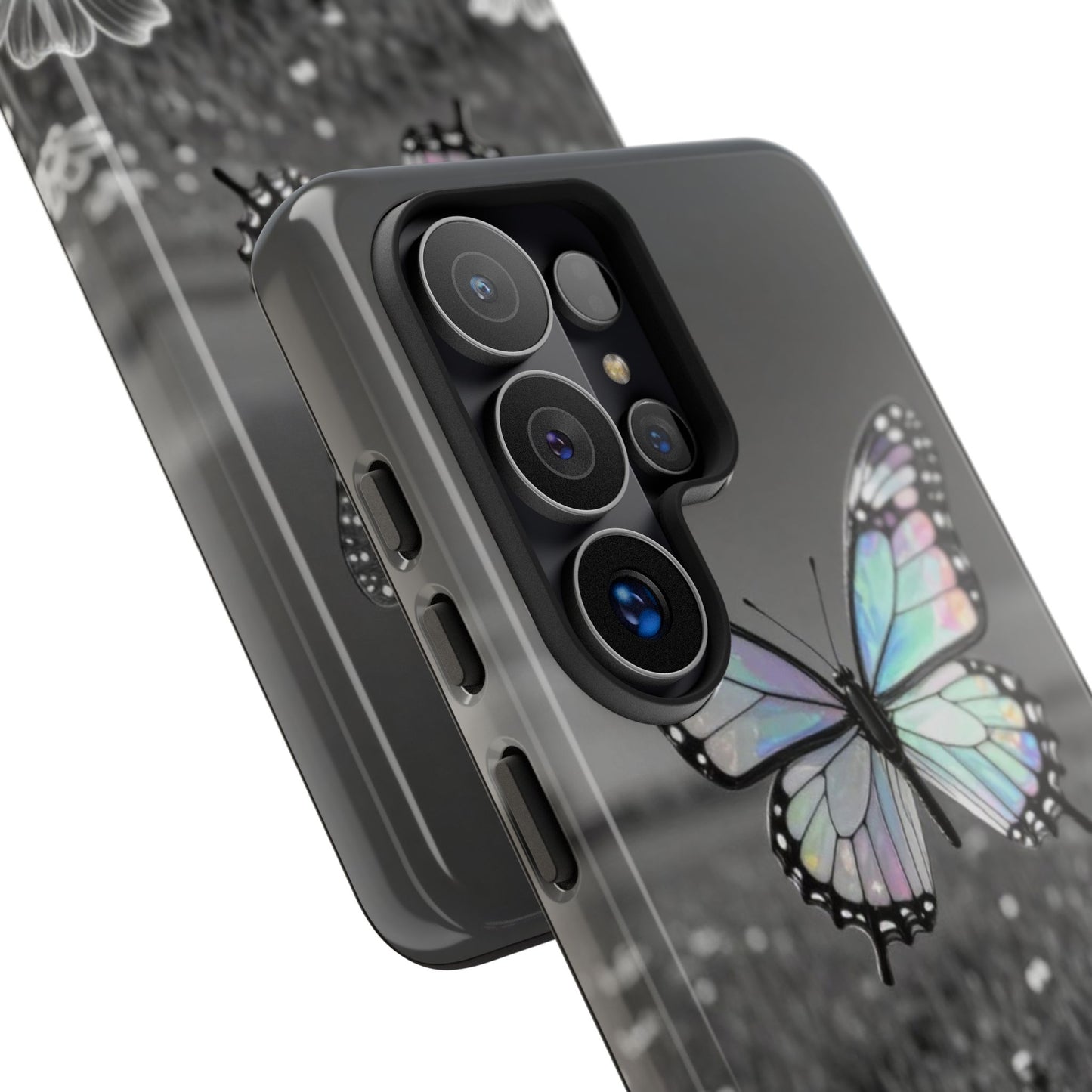 Butterfly Field Tough Phone Case — Pastel Holographic Butterfly on Black & White Floral Background