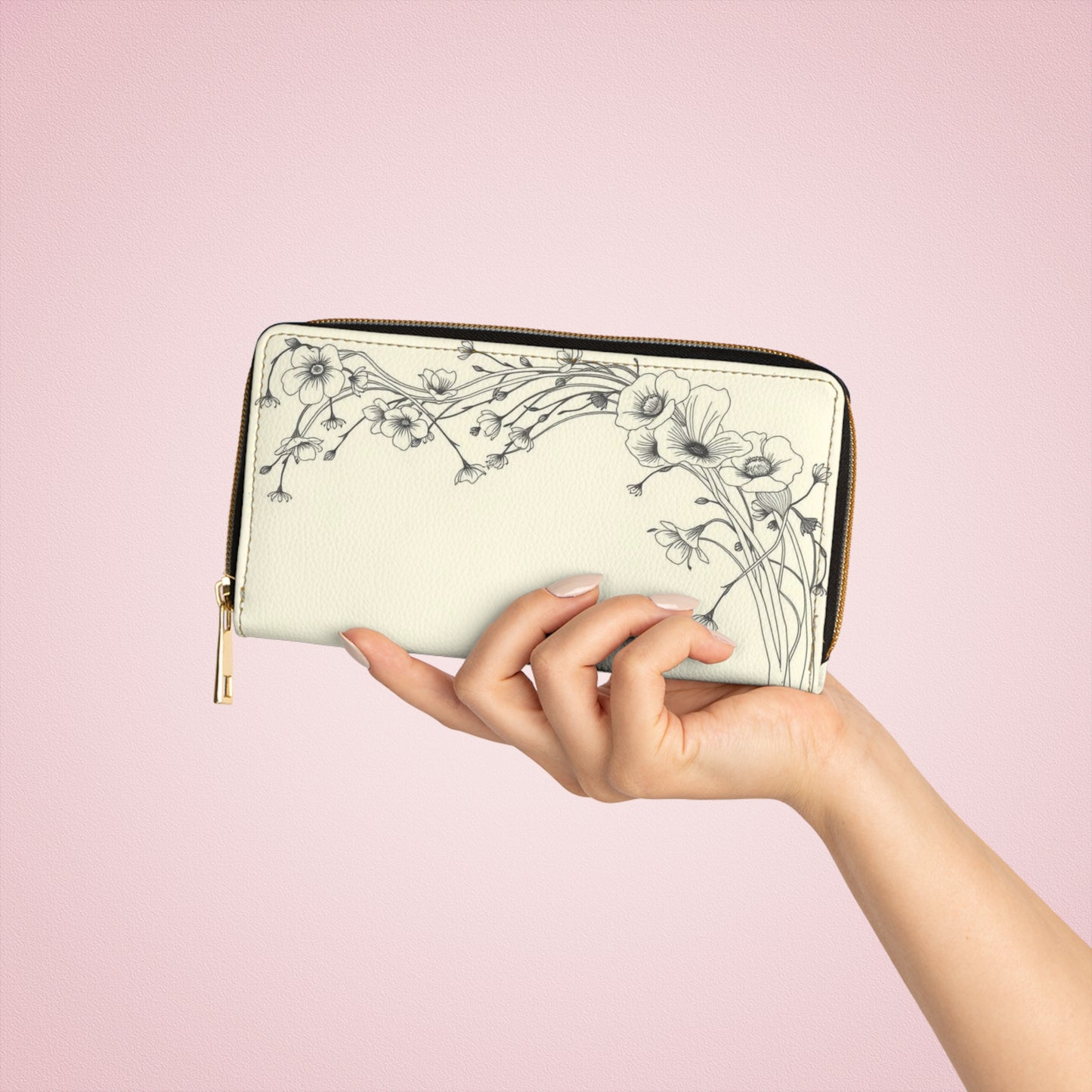 Floral Arch Zipper Wallet — Delicate Poppy & Blossom Design
