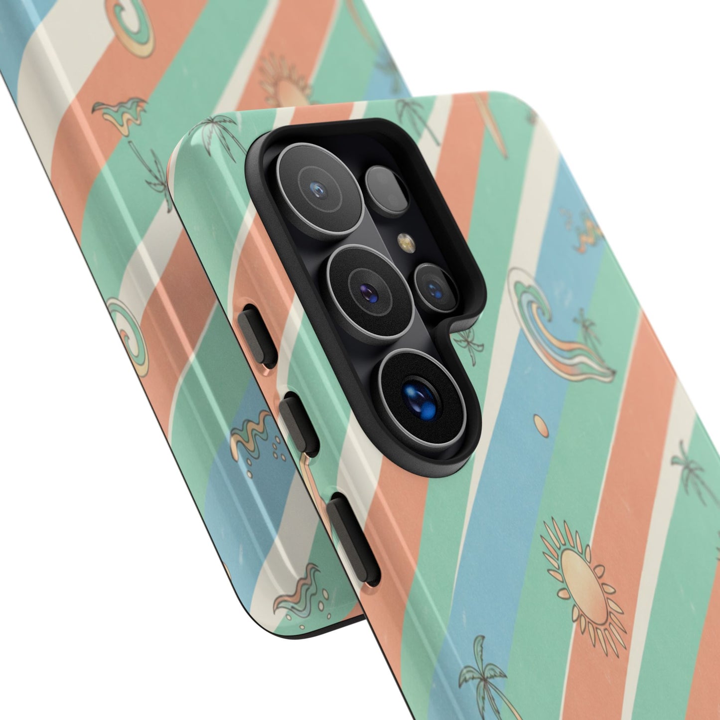 Retro Beach Stripes Phone Case — Sun, Waves & Palm Pattern Tough Case