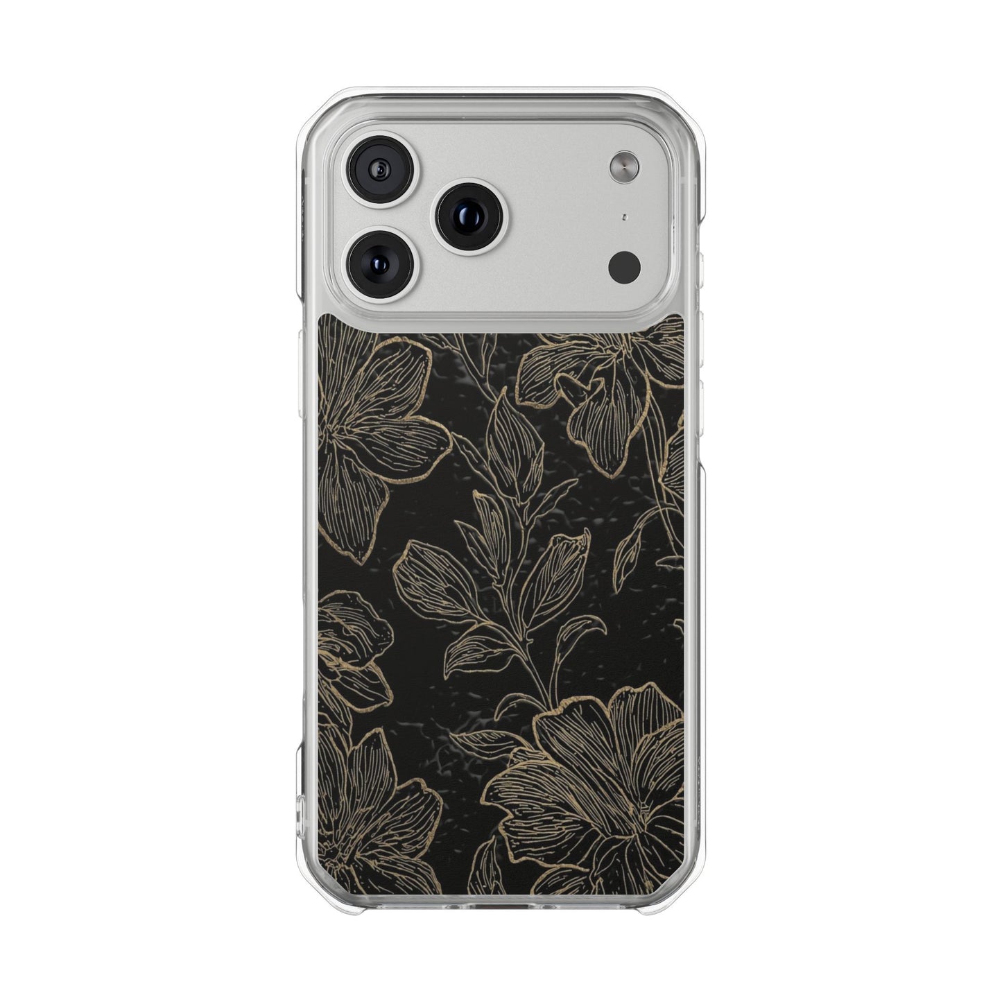 Floral Sketch Magnetic Clear Phone Case — Black & Gold Botanical Impact Case