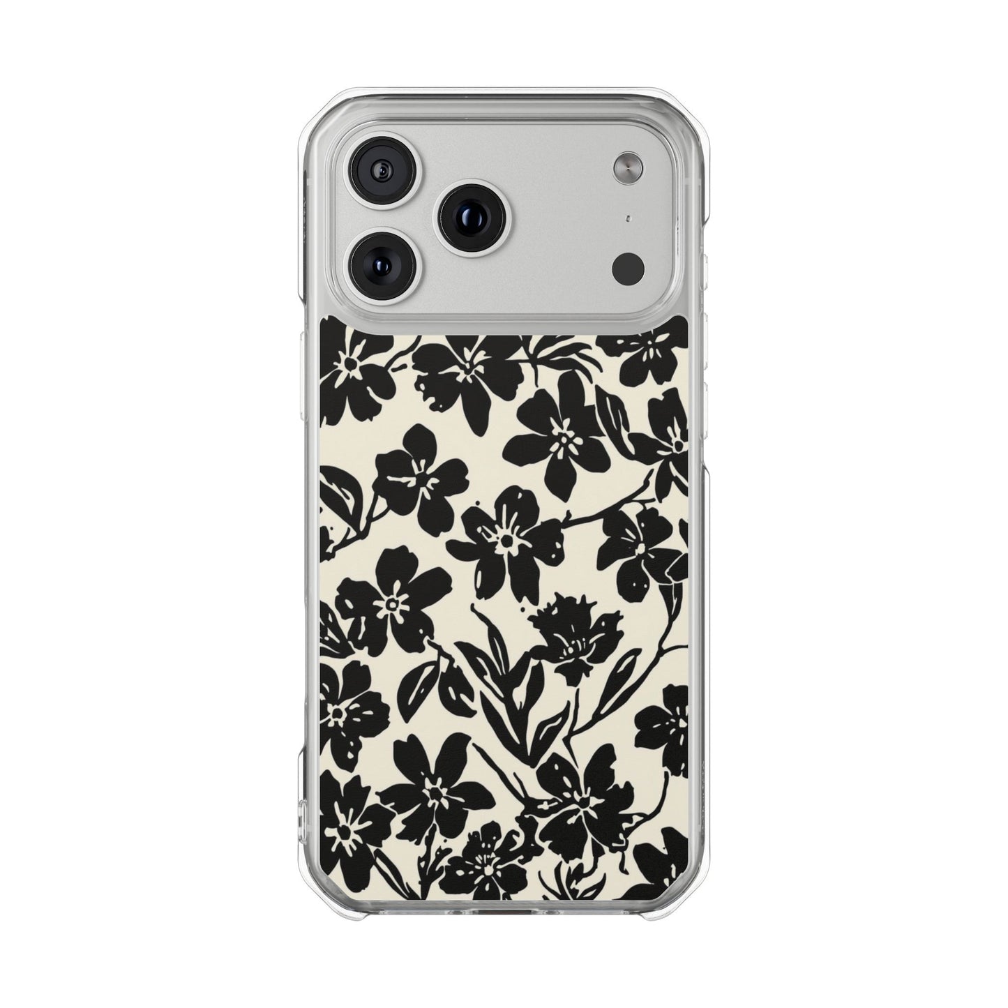 Clear Magnetic Phone Case — Black Floral Silhouette Design