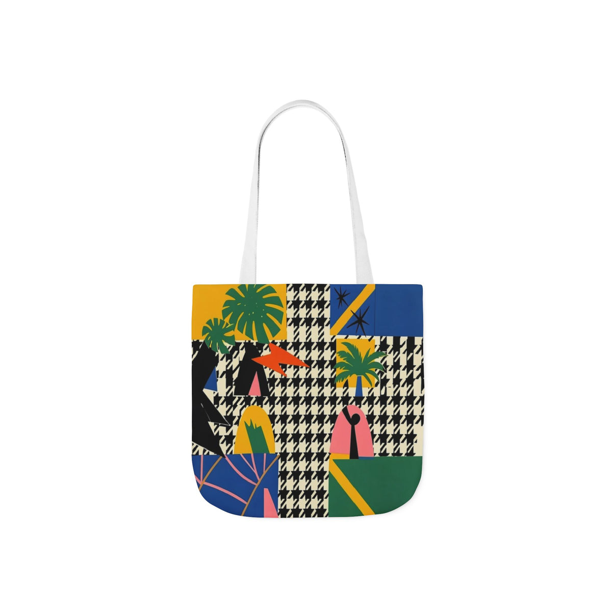 Tote Bag — Tropical Patchwork Canvas Tote with Palm & Houndstooth Print
