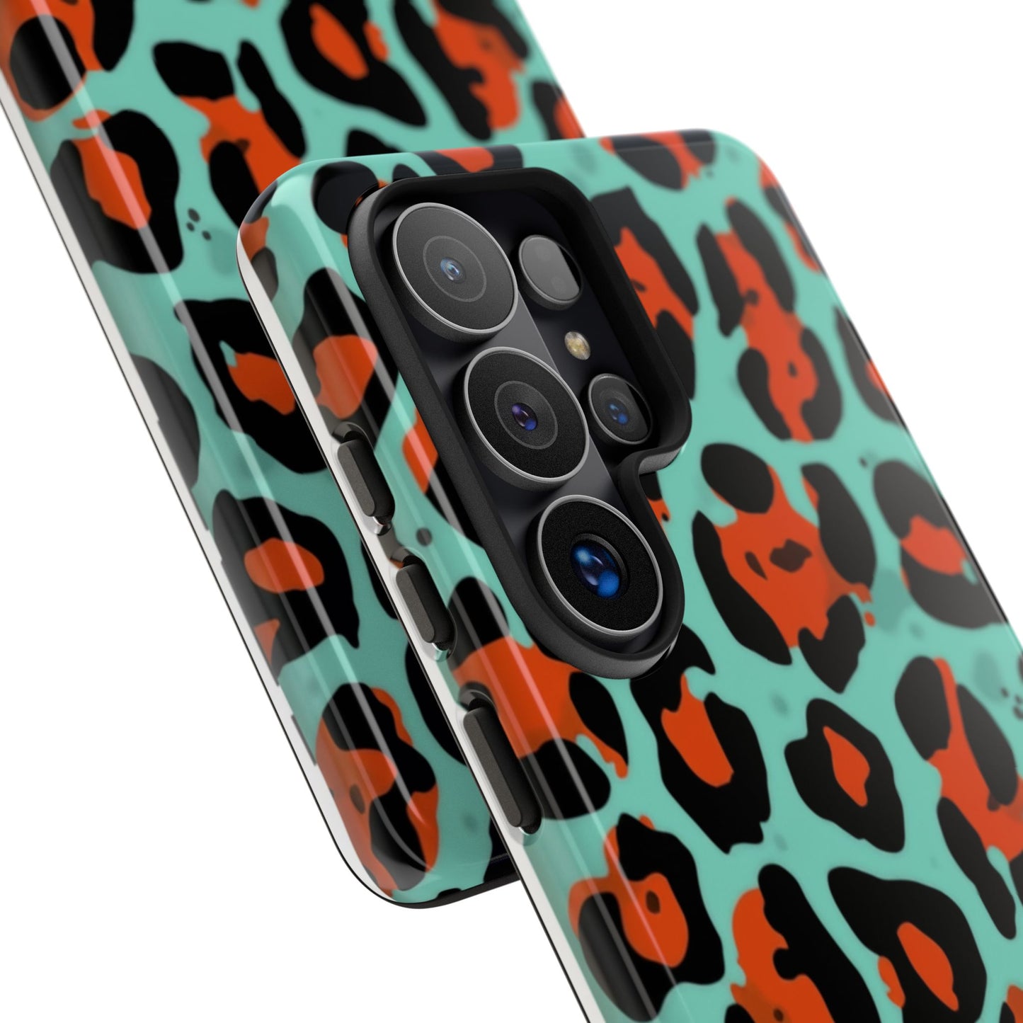 Leopard Print Tough Phone Case — Teal & Rust Protective iPhone Cover