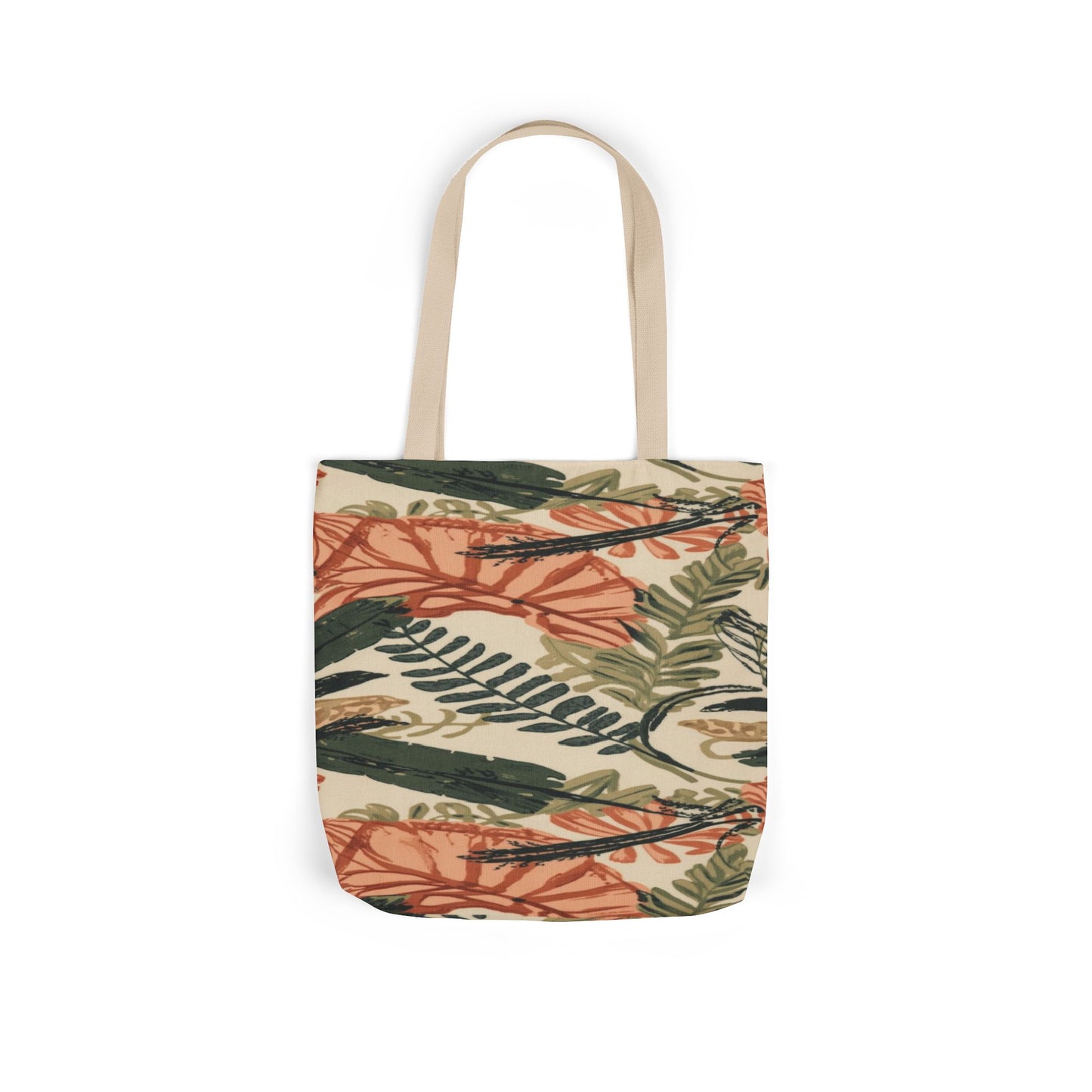 Tropical Ferns Canvas Tote — Botanical Beach Bag with Coral & Olive Leaves