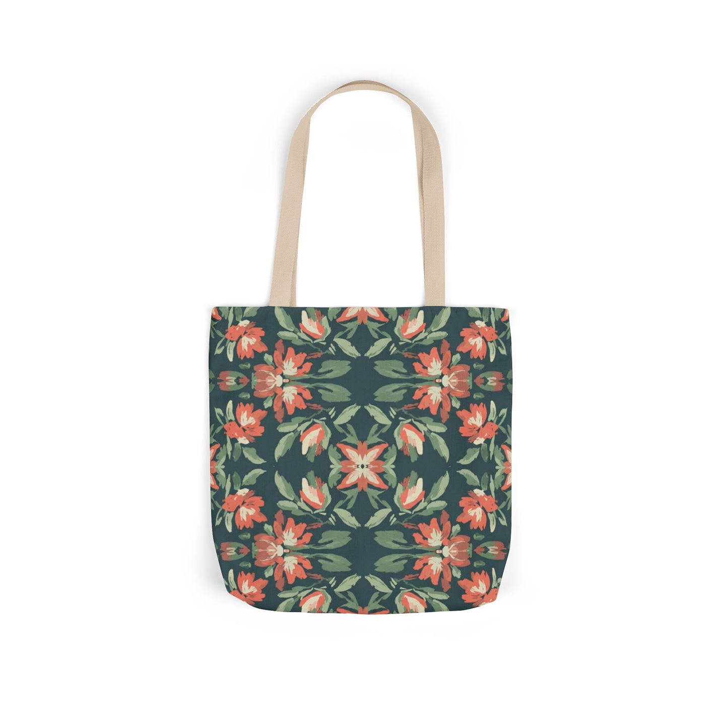 Floral Kaleidoscope Canvas Tote Bag — Green & Coral Patterned Market Tote