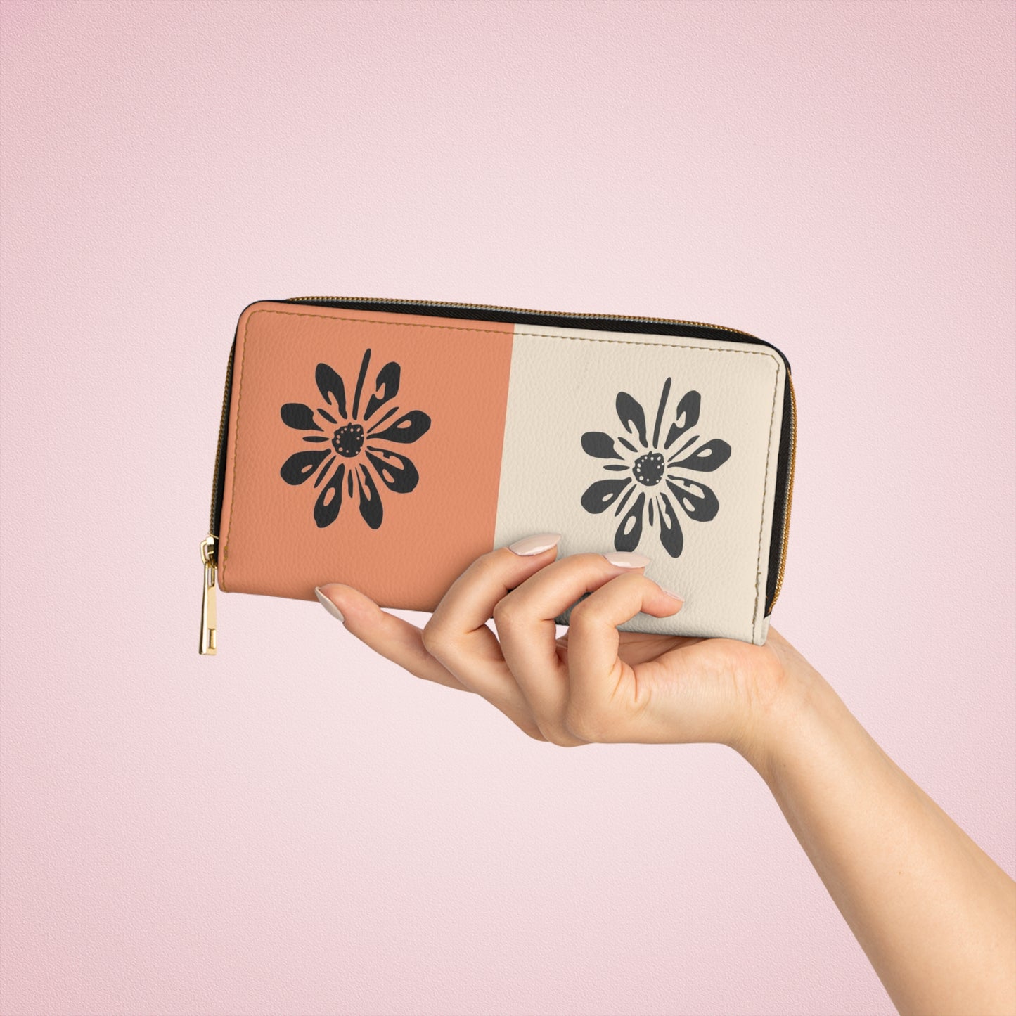 Floral Split-Color Zipper Wallet — Peach & Cream Daisy Design