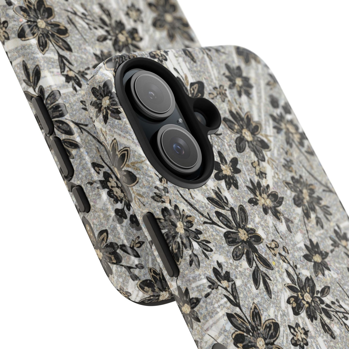 Floral Vintage Tough Phone Case — Black & Gray Rustic Flower Protective Case