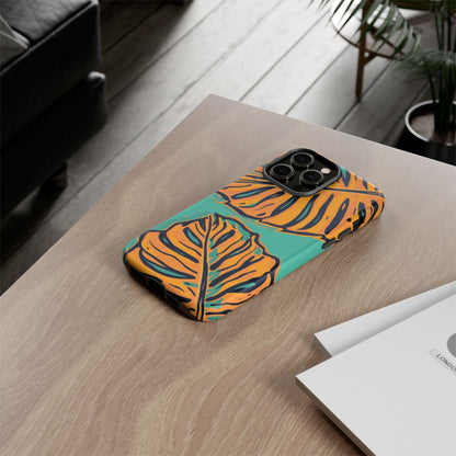 Tropical Leaf Tough Phone Case — Orange Monstera Design on Teal