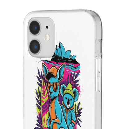 Kangaroo & Koala Surf Phone Case — Neon Aussie Beach Vibes Flexible Case