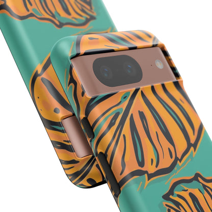 Tropical Leaf Tough Phone Case — Orange Monstera Design on Teal