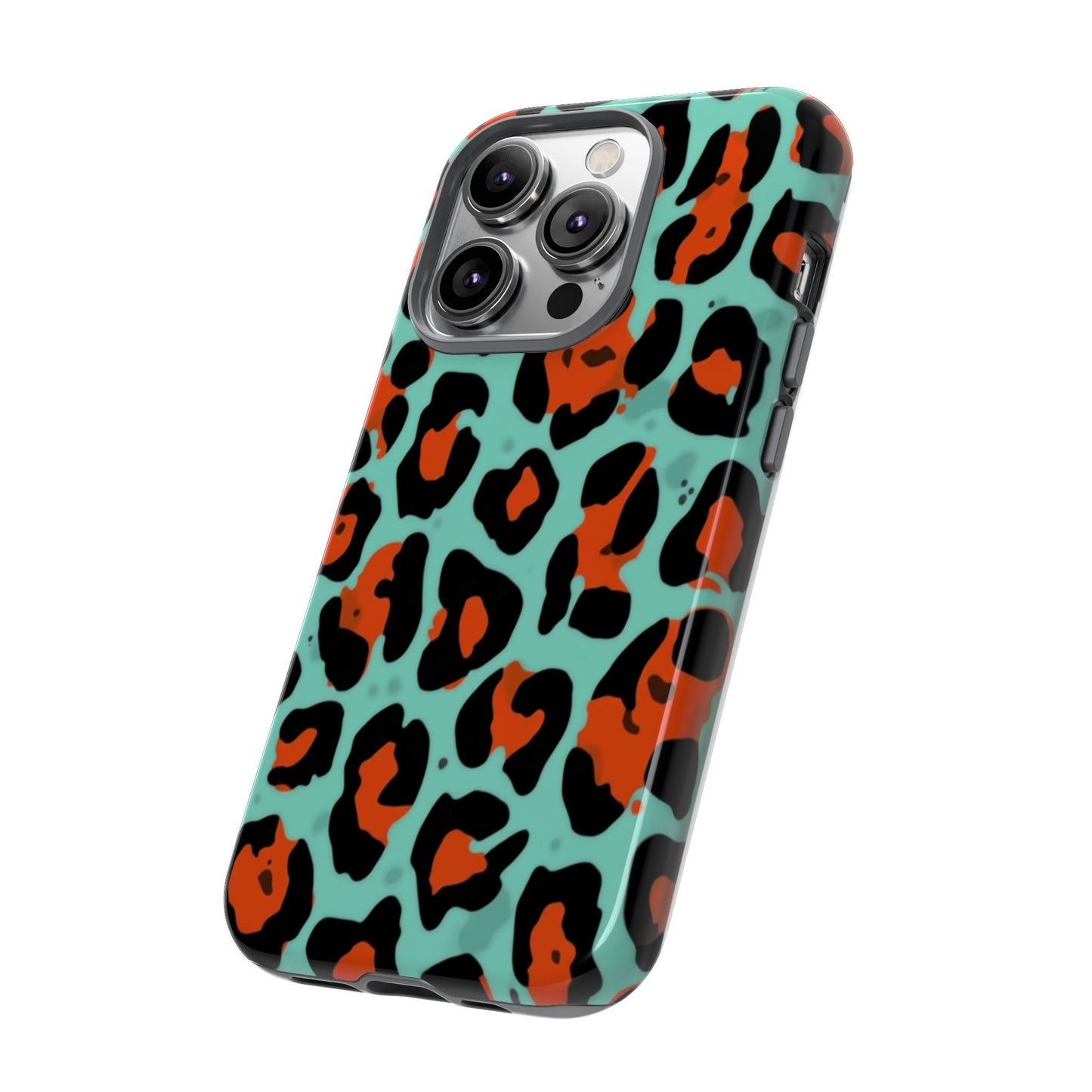 Leopard Print Tough Phone Case — Teal & Rust Protective iPhone Cover