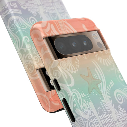 Tough Cases: Pastel Beach Pattern Phone Case — Starfish & Coastal Cityscape Protective Cover