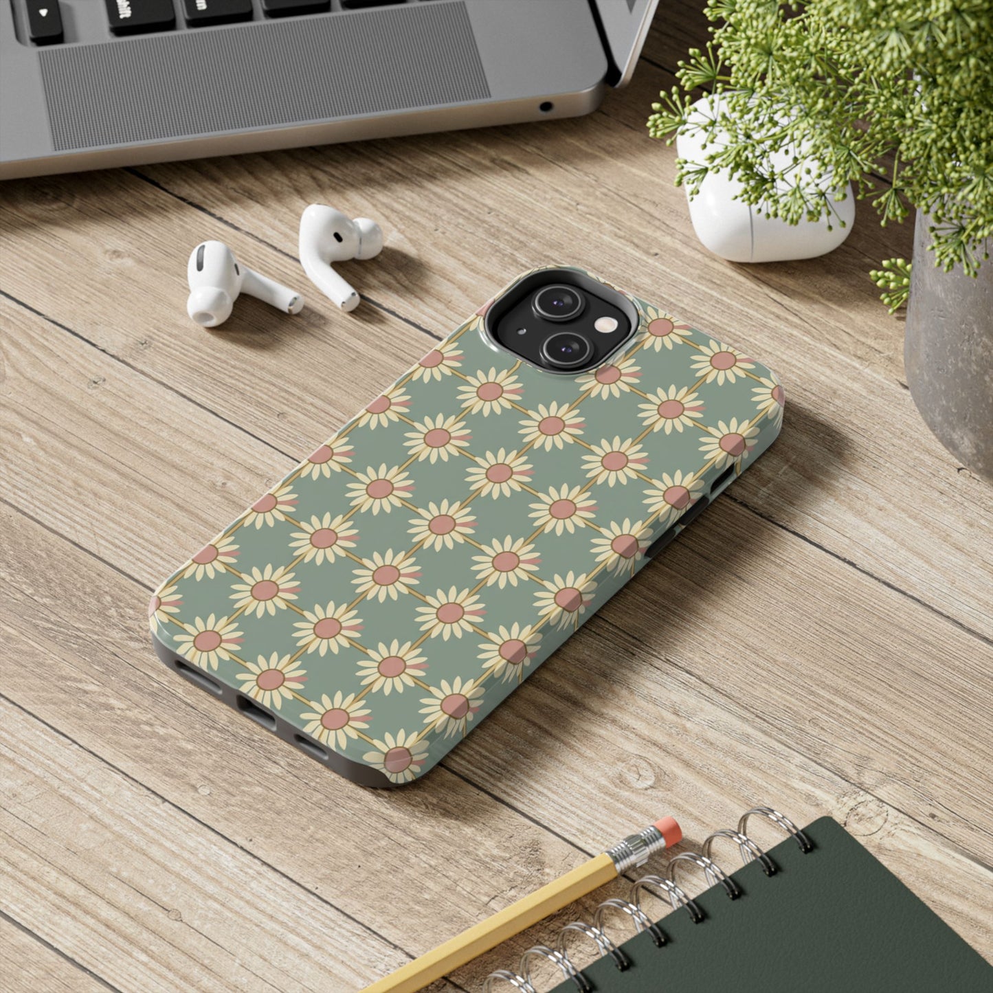 Daisy Pattern Tough Phone Case — Retro Floral Protective Cover