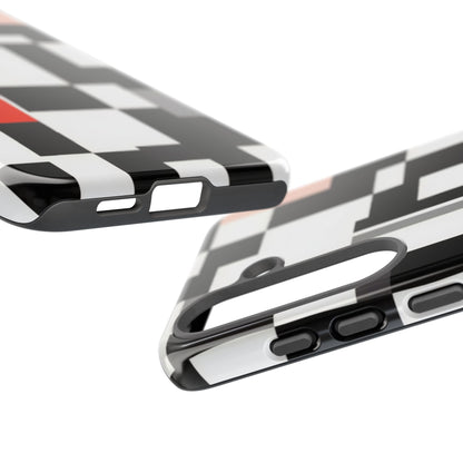 Abstract Geometric Phone Case – Black & White Checker Grid with Red Accent