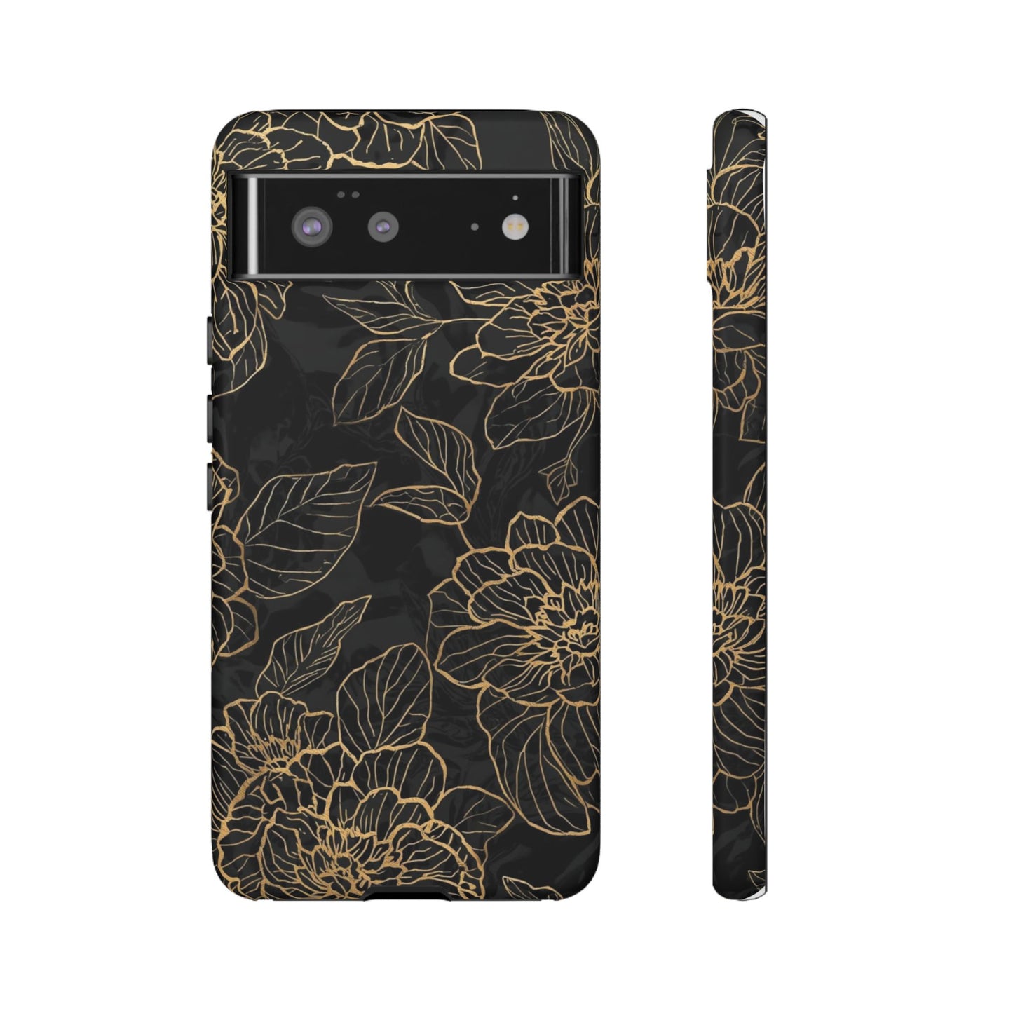 Floral Gold Outline Tough Phone Case – Black Botanical Protective Cover