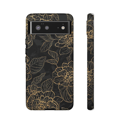 Floral Gold Outline Tough Phone Case – Black Botanical Protective Cover