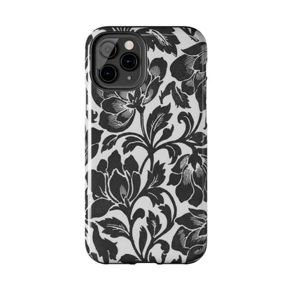 Tough Phone Case — Black & White Vintage Floral Protective Cover