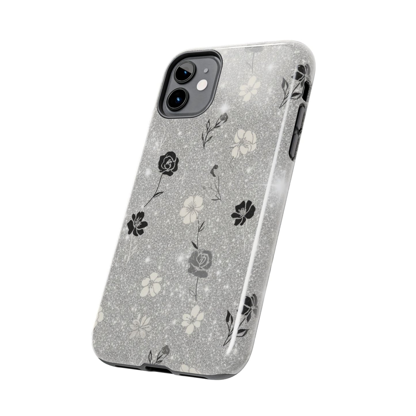 Floral Glitter Tough Phone Case — Black & Silver Vintage Flower Protective Cover