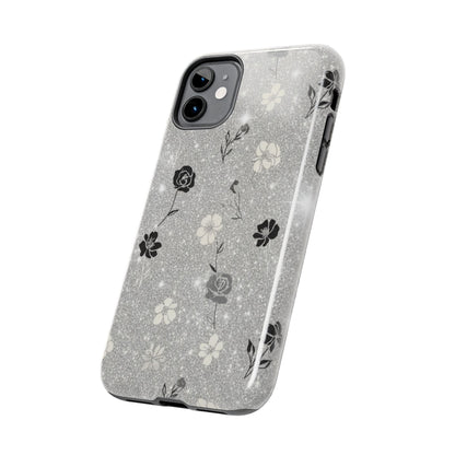 Floral Glitter Tough Phone Case — Black & Silver Vintage Flower Protective Cover