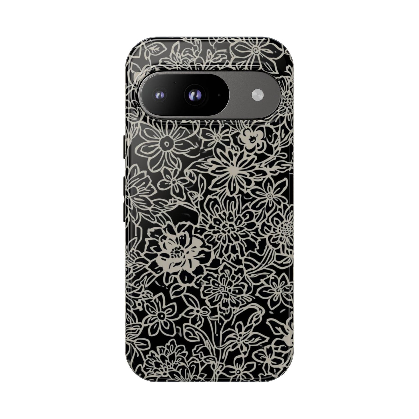 Floral Doodle Tough Phone Case — Black & White Sketch Flower Protective Cover
