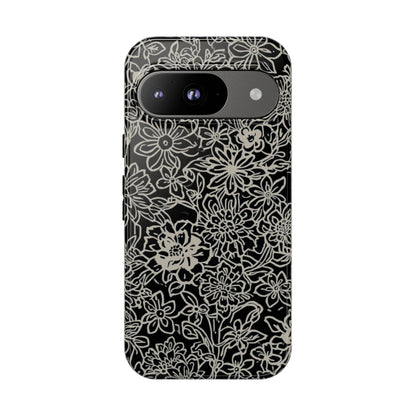 Floral Doodle Tough Phone Case — Black & White Sketch Flower Protective Cover