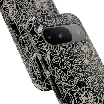 Floral Doodle Tough Phone Case — Black & White Sketch Flower Protective Cover