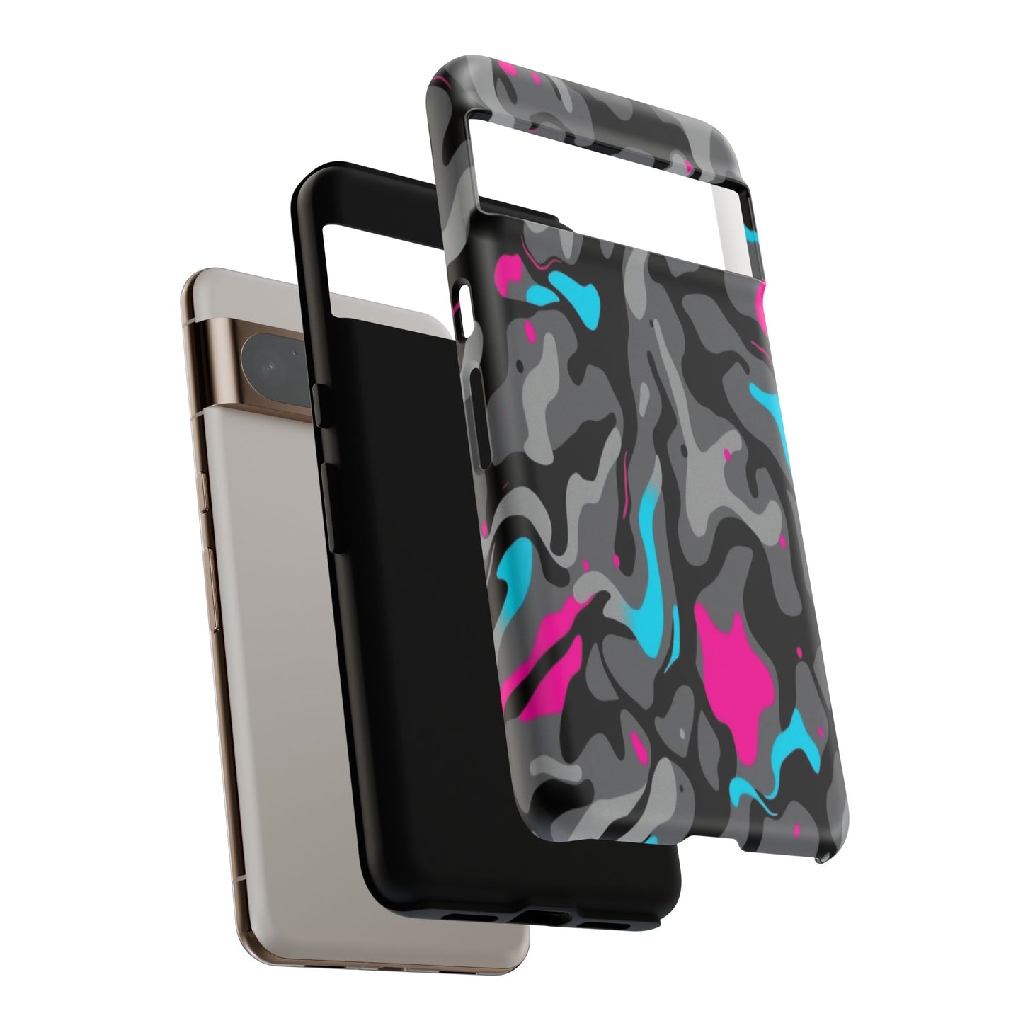 Camouflage Phone Case — Gray Camo with Neon Pink & Cyan Accent Tough Protective Cover