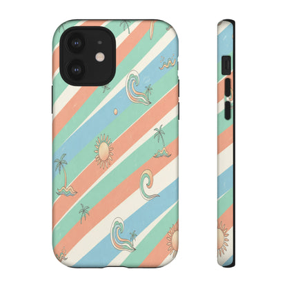 Retro Beach Stripes Phone Case — Sun, Waves & Palm Pattern Tough Case