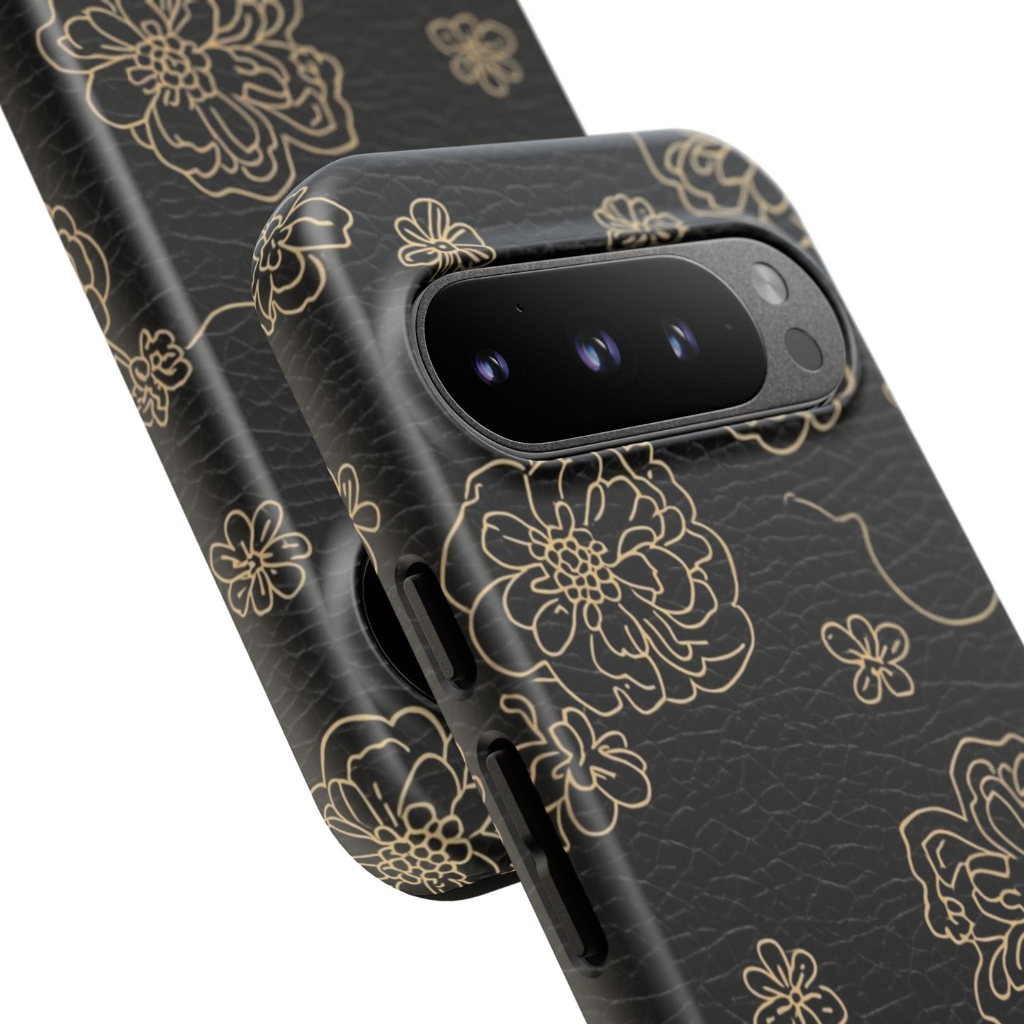 Floral Leather-Texture Tough Case – Black Gold Outline Phone Cover