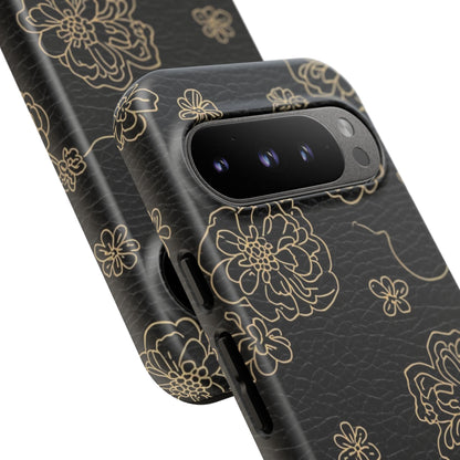 Floral Leather-Texture Tough Case – Black Gold Outline Phone Cover