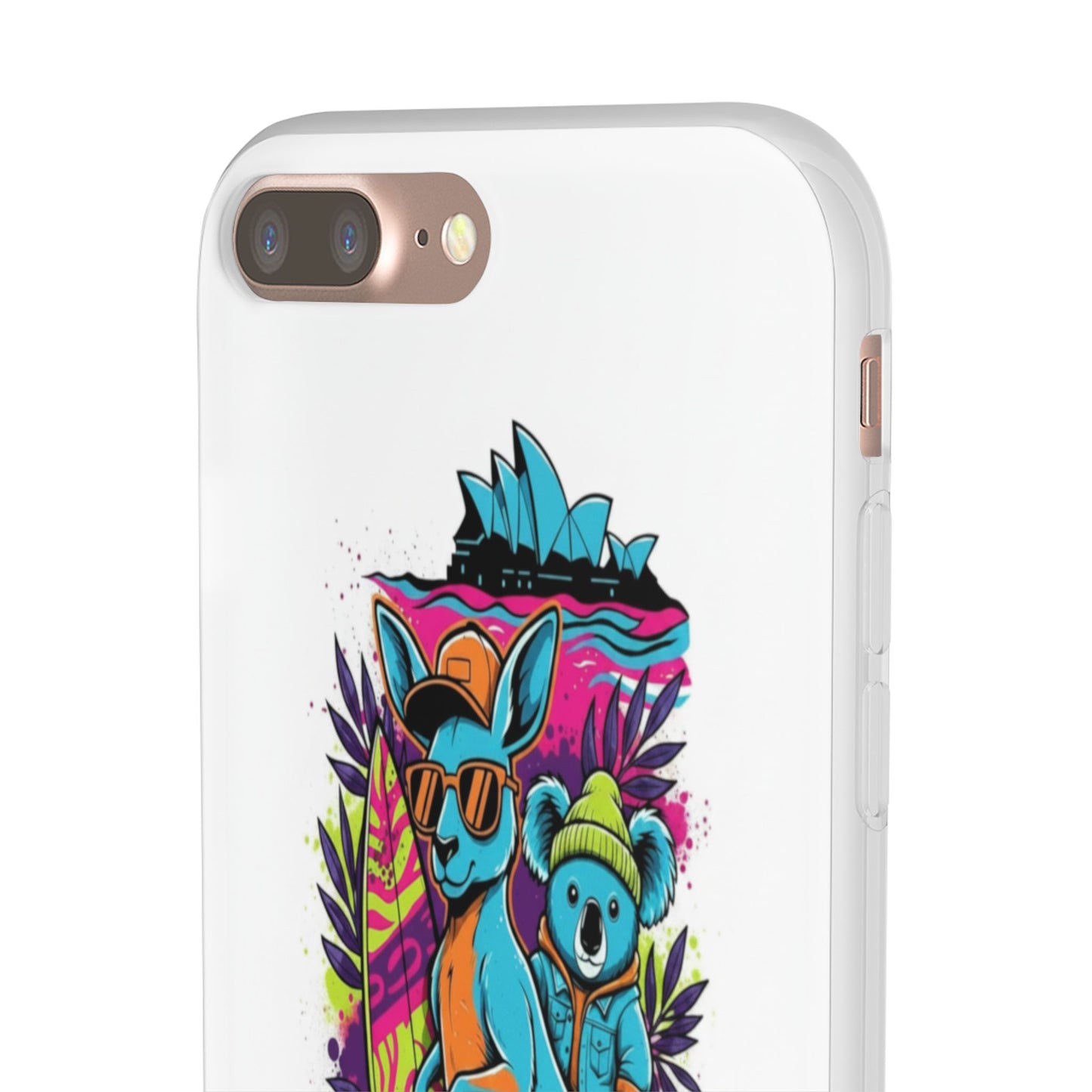 Kangaroo & Koala Surf Phone Case — Neon Aussie Beach Vibes Flexible Case